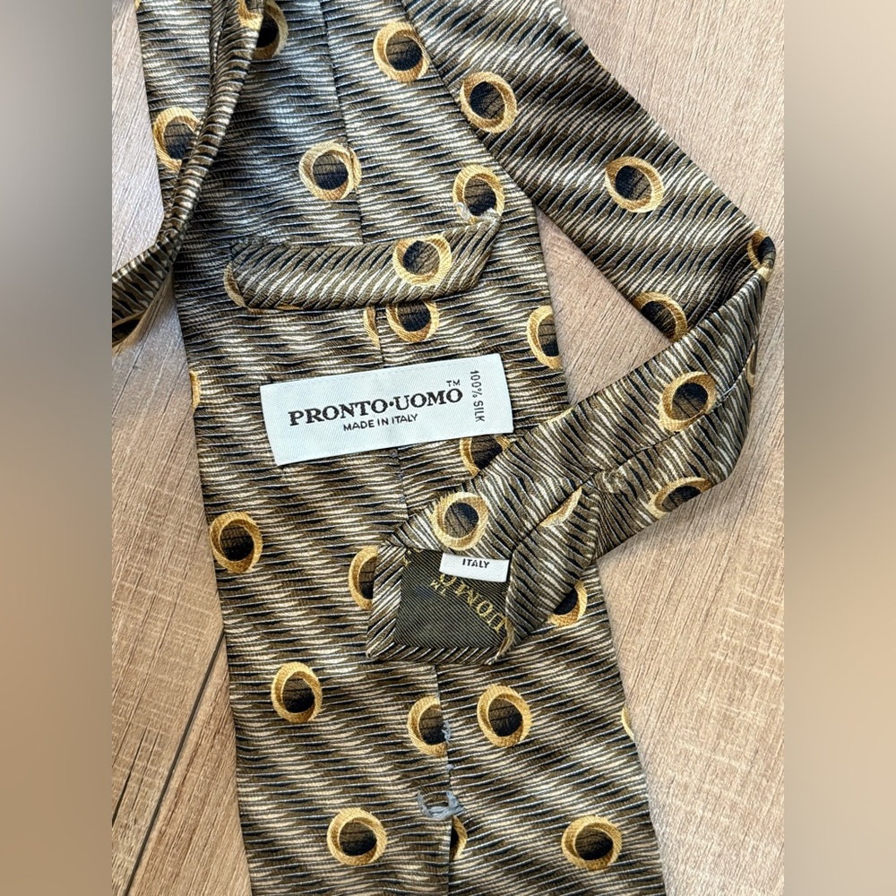 Pronto Uomo 100% Silk Men’s Neck tie Made In Italy Long Tie Gold & Brown